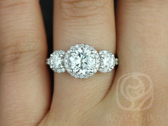 1.25ct Dita 7mm 14kt Moissanite Diamond Round Three Stone Halo Ring,Unique Engagement Ring,Anniversary Ring,Round Halo Ring,Round Cut Ring