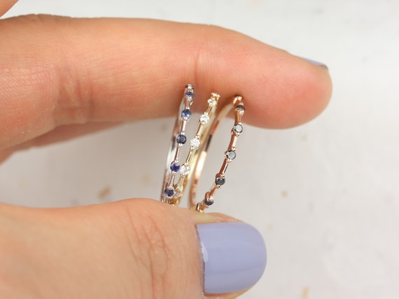 Boney 14kt Solid White Gold Blue Sapphire Single Prong Floating Dainty Thin HALFWAY Eternity Ring Ring