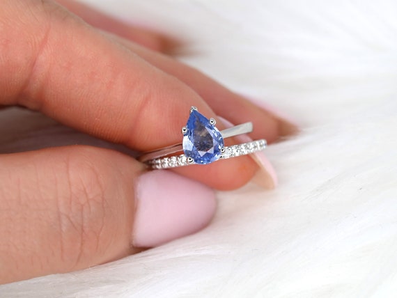 1.30ct Skinny Jane & Tiffani 14k White Gold Cornflower Blue Sapphire Diamond  Pear Solitaire Bridal Set,Blue Sapphire Ring,Anniversary Gift