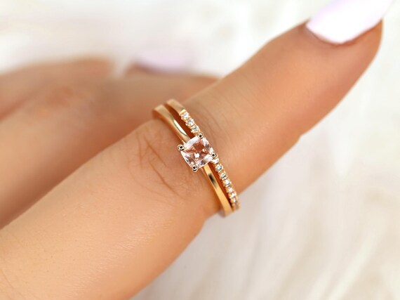 0.45ct Gallina & Barra 14kt Peach Champagne Sapphire Cushion Solitaire Bridal Set,Sapphire Wedding Set,Anniversary Gift,Pink Sapphire Ring