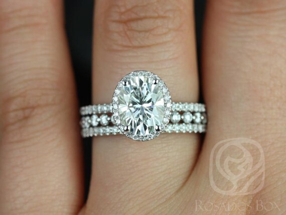 2ct Federella 9x7mm & Petite Naomi 14kt Moissanite Diamond TRIO Oval Halo Bridal Set,Oval Engagement Ring,Oval Wedding Ring,Anniversary Gift