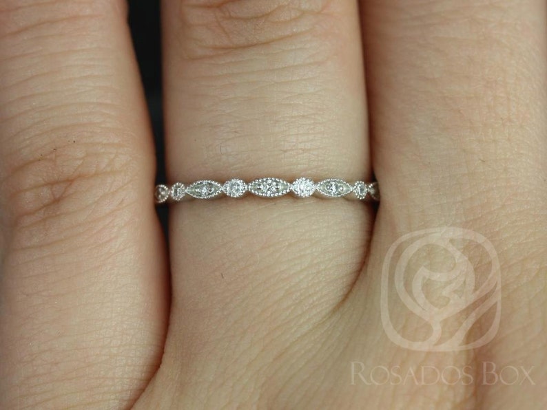 Gwen 14kt White Gold WITH Milgrain Diamond HALFWAY Eternity Ring,Vintage Diamond Ring,Art Deco Band,Anniversary Ring,Gift For Her image 1