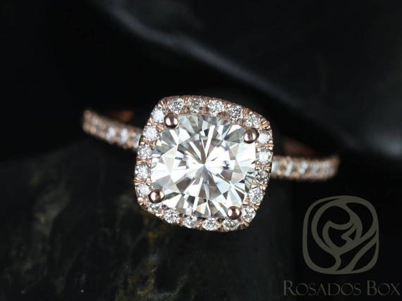 SALE Rosados Box Ready to Ship Mariah 7.5mm 14kt Rose Gold Cushion FB Moissanite and Diamond Halo Engagement Ring