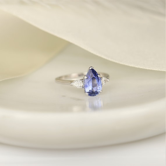 2cts Ready to Ship Essie  14kt White Gold Cornflower Lavender Sapphire Diamond Minimalist 3 Stone Dainty Pear Engagement Ring