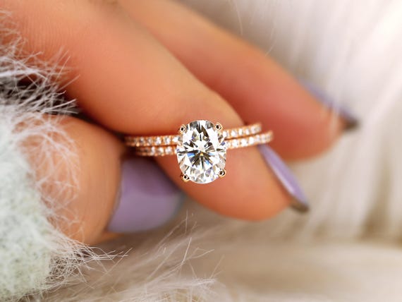 2ct SALE Ready to Ship Hillary 9x7mm 14kt Rose Gold FB Moissanite Diamond Basket Oval Bridal Set,Anniversary Ring,Oval Engagement Ring Set