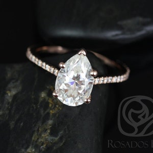 2ct Ann 10x7mm 14kt Rose Gold Forever One Moissanite Diamond Dainty Minimalist Pave Cathedral Pear Engagement Ring