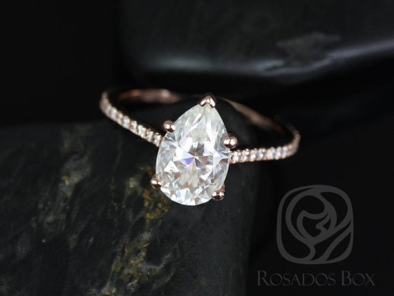 2ct Ann 10x7mm 14kt Rose Gold Forever One Moissanite Diamond Dainty Minimalist Pave Cathedral Pear Engagement Ring