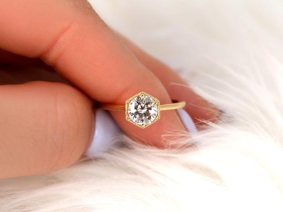 0.75ct Irma 6mm 14kt Gold Moissanite WITH Milgrain Hexagon Bezel Set Solitaire Ring,Unique Engagement Ring,Anniversary Ring,Hexagon Ring
