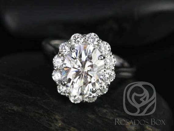 3ct Katherine 10x8mm 14kt White Gold Forever One Moissanite Diamond Unique Cathedral Scalloped Oval Halo Engagement Ring