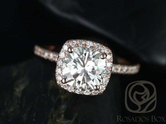 Rosados Box Ready to Ship Mariah 7.5mm 14kt WHITE Gold Cushion Forever One Moissanite Diamond Halo Engagement Ring