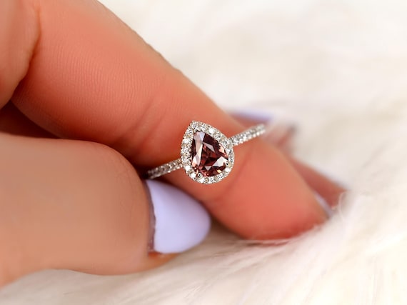 1.01ct Tabitha 14kt White Gold Cinnamon Wine Sapphire Diamond Pear Halo Ring,Burgundy Sapphire Ring,Unique Sapphire Ring