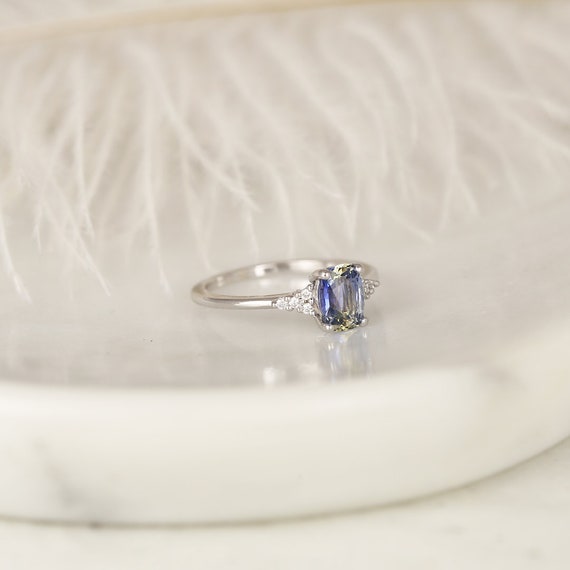 1.19ct Ready to Ship Marlow 14kt White Gold Cornflower Lavender Sapphire Diamond Dainty Elongated Cushion Cluster 3 Stone Ring