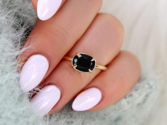 Peyton 8x6mm 14kt Onyx Cushion Solitaire Ring,Faux Halo Ring,Unique Onyx Ring,Onyx Engagement Ring,Cushion Cut Ring,East West Ring