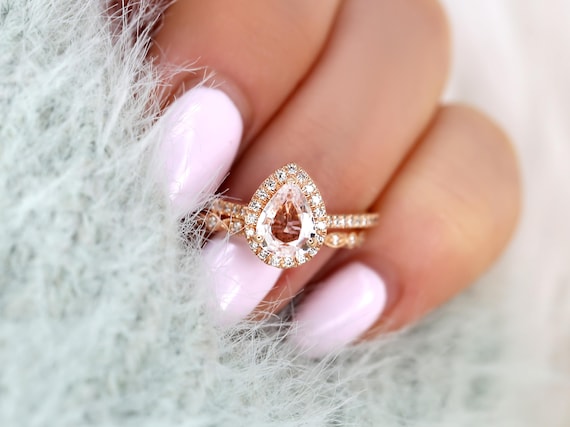 1.13ct Tabitha & Gwen 14kt Peach Champagne Sapphire Diamond Pear Halo Bridal Set,Pear Halo Wedding Ring Set,Art Deco Ring Set,Sapphire Ring