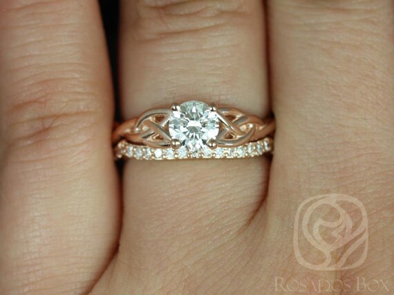 0.70ct Ready to Ship Cassidy 14kt Solid Rose Gold Round Diamond Celtic Love Knot Triquetra Wedding Set Rings,Rosados Box