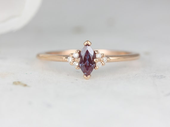 Charlie 6x3mm 14kt Rose Gold Alexandrite Sapphire Dainty Marquise Cluster 3 Stone Stack Ring,Pinky Ring,June Birthstone