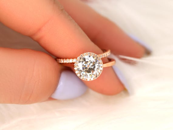 SALE Ready to Ship Shannon 8.5mm 14kt Rose Gold FB Moissanite Diamond Round Halo Bridal Set,Halo Wedding Ring Set,Halo Engagement Ring Set