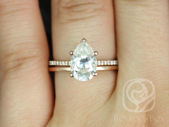 Ann 10x7mm & PLAIN WB 14kt Rose Gold Pear Forever One Moissanite Diamond Cathedral Bridal Set
