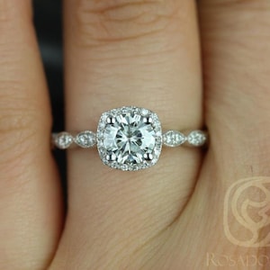 0.75ct Christie 6mm 14kt Gold Moissanite Diamonds WITH Milgrain Cushion Halo Engagement Ring,Unique Halo Ring,Dainty Ring,Anniversary Gift