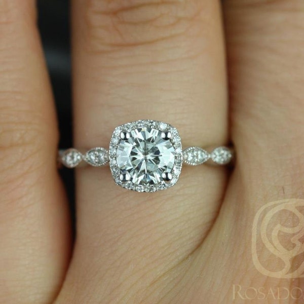 0.75ct Christie 6mm 14kt Gold Moissanite Diamonds WITH Milgrain Cushion Halo Engagement Ring,Unique Halo Ring,Dainty Ring,Anniversary Gift