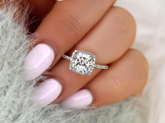 2ct Randi 7.5mm 14kt Moissanite Halo Engagement Ring,Cushion Cut Ring,Cushion Halo Ring,Anniversary Ring,Cushion Wedding Ring