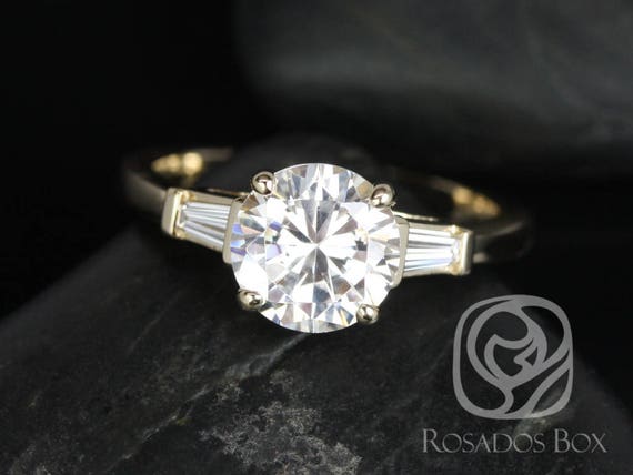 2cts Francis 8mm 14kt Gold Moissanite Diamond Baguettes 3 Stone Modern Minimalist Round Engagement Ring