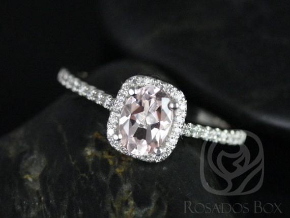 Ready to Ship Romani 7x5mm  Platinum Morganite and Diamonds Cushion Halo Engagement Ring