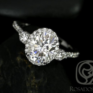 2cts Natalia 9x7mm 14kt White Gold Forever One Moissanite Diamonds Art Deco Dainty 3 Stone Unique Oval Halo Engagement Ring