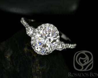 2cts Natalia 9x7mm 14kt White Gold Forever One Moissanite Diamonds Art Deco Dainty 3 Stone Unique Oval Halo Engagement Ring