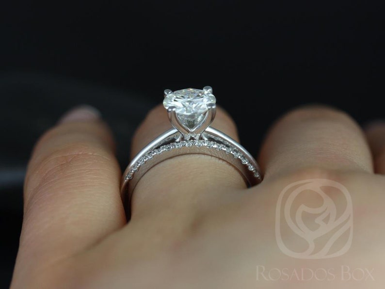 1.50ct Skinny Alberta 7.5mm & Dia Barra 14kt White Gold Moissanite Diamonds Dainty Round Solitaire Wedding Set Ring image 4