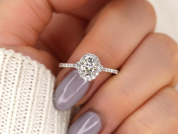1ct Bridgette 7x5mm 14kt Moissanite Diamond Trilogy Oval Halo Ring,Oval Halo Engagement Ring,Art Deco Halo Ring,Unique Halo Ring
