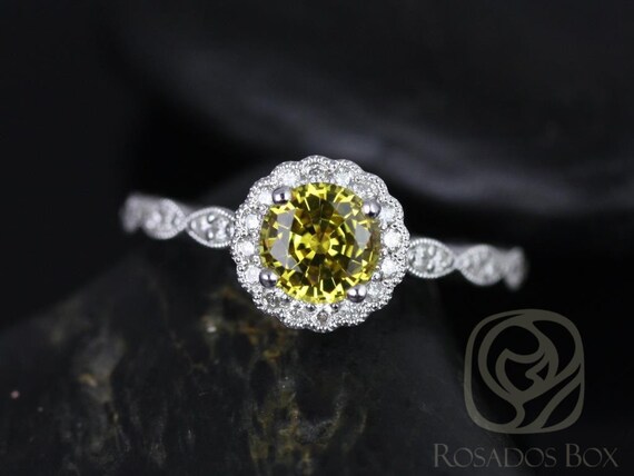 Ready to Ship Sunny 6mm 14kt White Gold Yellow Sapphire Diamond WITH Milgrain Flower Halo Engagement Ring,Vintage Sapphire Ring,Gift For Her