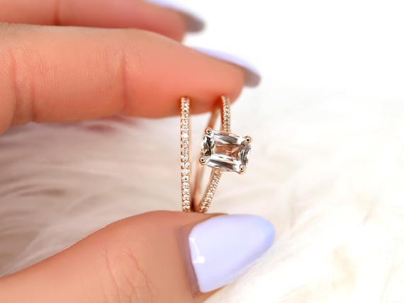1.78ct Blake 14kt Peach Champagne Sapphire Diamond Radiant Bridal Set,Peach Sapphire Ring,Unique Sapphire Ring,Anniversary Ring,September