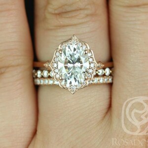 2ct Mae 9x7mm-Pte Naomi-Pernella 14kt Moissanite Diamond Vintage Unique Oval Halo TRIO Bridal Set