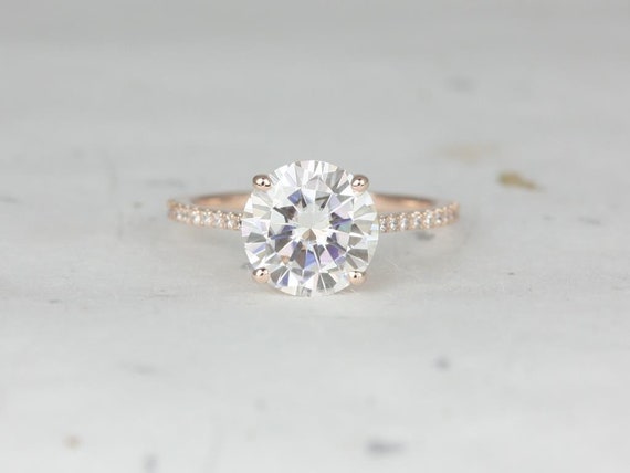 2.70ct Eloise 9mm 14kt Rose Gold Moissanite Diamond Minimalist Pave Cathedral Round Solitaire Accent Engagement Ring