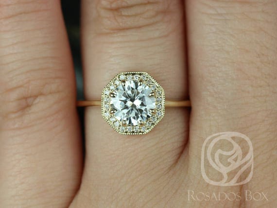 1.25ct Winona 7mm 14kt Gold Moissanite Diamonds WITH Milgrain Vintage Engagement Ring,Art Deco Octagon Halo Ring,Diamond Ring