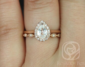 Julie 7x5mm & Ultra Petite Leah 14kt Rose Gold Pear White Sapphire Diamond Halo Bridal Set