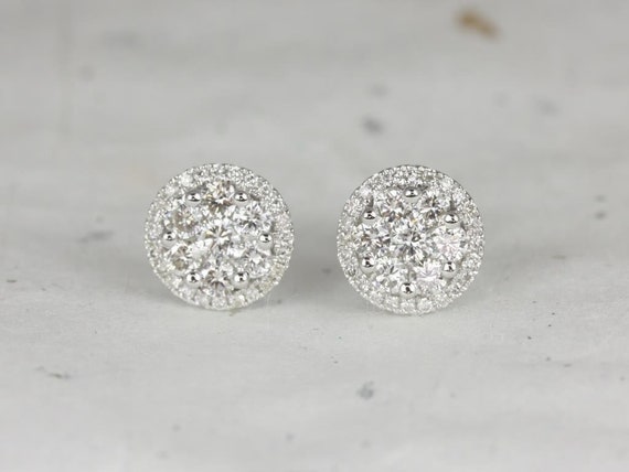 1ct Round Diamonds Cluster Halo Stud Earrings,14kt Solid White Gold,Danice Studs