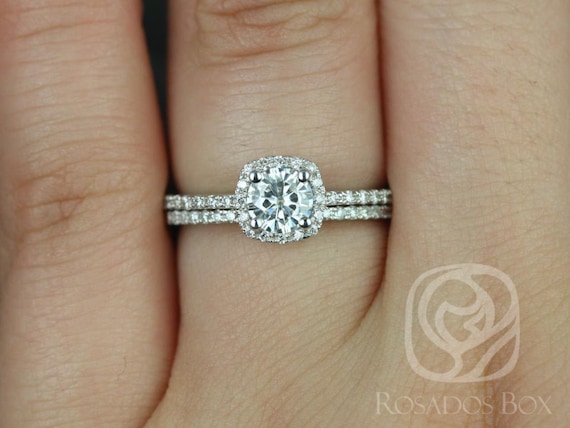 Barra 5mm 14kt White Gold Round Moissanite Diamonds Thin Cushion Halo Bridal Set