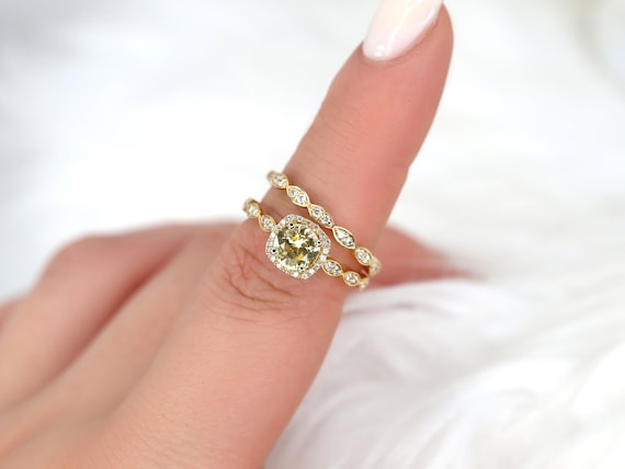 1.05cts Ready to Ship Christie 14kt Gold Lemon Yellow Sapphire Diamond Art Deco Cushion Halo Bridal Set,Unique Wedding Ring,Vintage Ring