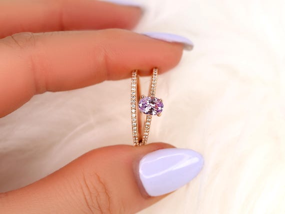 0.76ct Blake 14kt Rose Gold Blush Lavender Sapphire Diamond Oval Solitaire Bridal Set,Sapphire Engagement Ring Set,Sapphire Wedding Ring Set