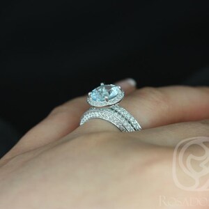 Ready to Ship Ellen 8mm 14kt White Gold Round Aquamarine Diamond Pave Halo Bridal Set image 3