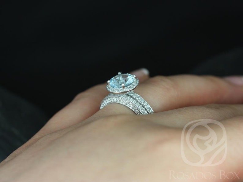 Ready to Ship Ellen 8mm 14kt White Gold Round Aquamarine Diamond Pave Halo Bridal Set image 3