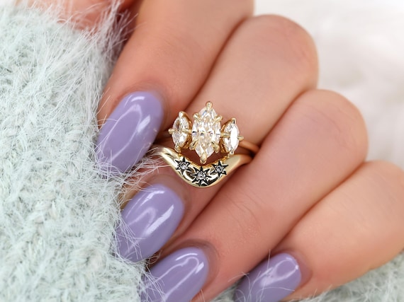 1.50ct Beckett 10x5mm & Ursa 14kt Moissanite Diamond Marquise Three Stone Bridal Set,Marquise Trilogy Wedding Ring Set,Unique Marquise Ring