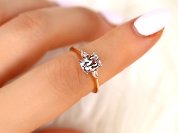 1.40ct Petite Ellis 14kt Rose Gold Blush Peach Sapphire Diamond Three Stone Ring,Sapphire Cushion Ring,Unique Trilogy Ring,Anniversary Gift