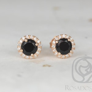 Gemma 5mm 14kt Rose Gold Round Black Onyx and Diamonds Halo Stud Earrings