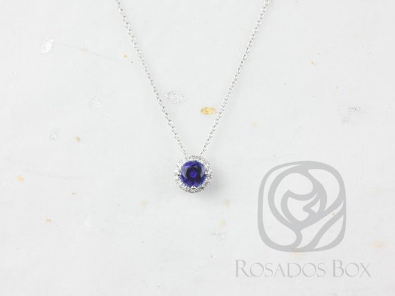 Gemma 5mm 14kt White Gold Round Blue Sapphire and Diamonds Halo Floating Necklace