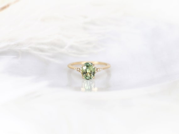 1.87ct Ready to Ship Maddy 14kt Gold Bright Lime Teal Sapphire Diamond Dainty Oval Cluster Ring,Unique Sapphire Ring,September Birthstone