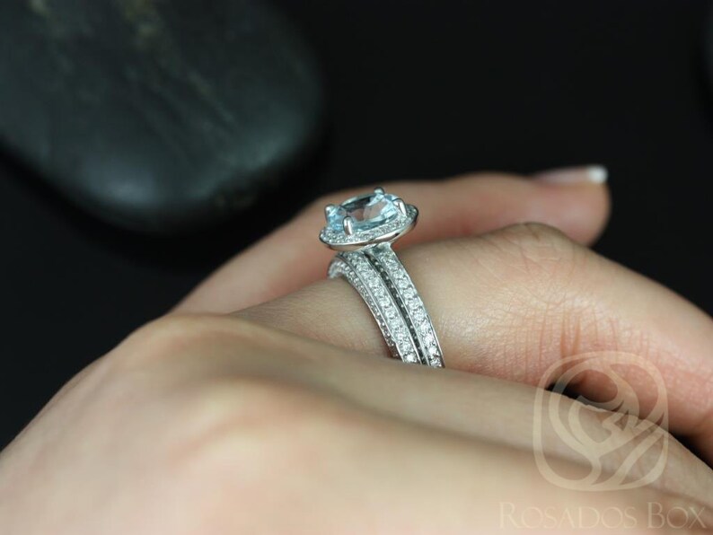 Ready to Ship Ellen 8mm 14kt White Gold Round Aquamarine Diamond Pave Halo Bridal Set image 5