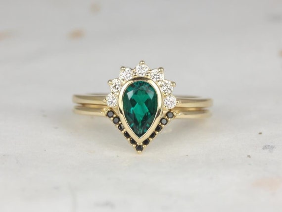 Oana 8x5mm & Venus 14kt Gold Green Emerald Birthstone Diamonds Sapphire Pear Bezel Crescent Unique Half Halo Bridal Set